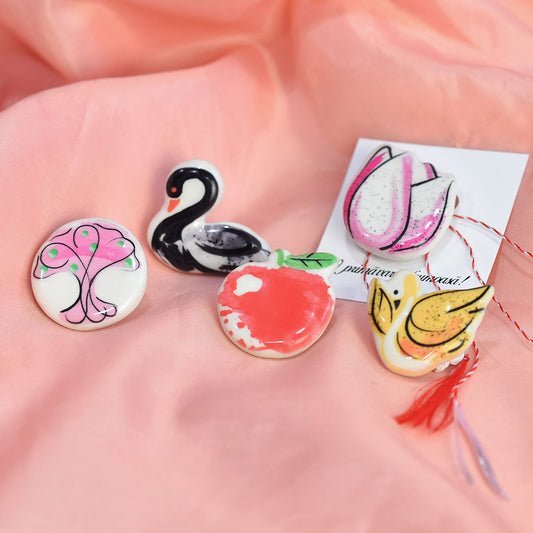 Set of 5 Handmade Ceramic Brooches – Nature-Inspired Designs | Artistic Fashion Accessories | Unique Gifts for Women
